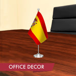 Load image into Gallery viewer, G128 Spain Spanish Deluxe Desk Flag Set  8.5x5.5 In  Printed 300D Polyester, with Silver Dome and Base, 15 Metal Pole, Decorations For Office, Home and Festival Events Celebration