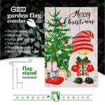 Load image into Gallery viewer, G128 Combo Pack: Garden Flag Stand Black 36 in x 16 in &amp; Garden Flag Merry Christmas Decoration Santa Gnome with Present 12x18 Double Sided Blockout Fabric