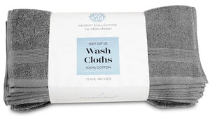 12 Pack Smoke Grey Resort Collection Soft Washcloth Face Body Towel Set 12x12 in