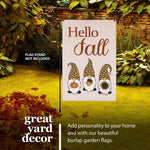 Load image into Gallery viewer, G128 Garden Flag Hello Fall Three Gnomes with Pumpkin Acorn Sunflower 12x18 Burlap Fabric