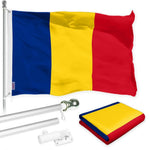 Load image into Gallery viewer, G128 Combo Pack: 6 Ft Tangle Free Spinning Flagpole (Silver) &amp; Romania Flag 3x5 Ft Printed 150D Polyester, Brass Grommets (Flag Included) Aluminum Flag Pole