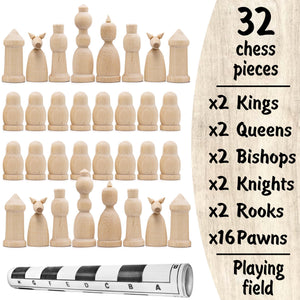 Unfinished Wood Chess Pieces with Vinyl Chess Board Paint Your Own Chess Set