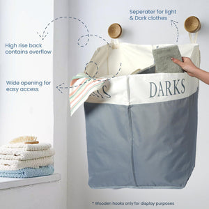 The Fine Living Co. X Large Two Compartments Hanging Laundry Hamper with Over Door Hooks Durable Space Saving Laundry Bag Storage with Bottom Zipper Wide Open Top Dark Light Compartment(25 x10 x31 )