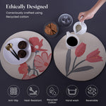 Load image into Gallery viewer, The Fine Living Co. Floral Printed Cotton Braided Placemats (Set of 6 13.5 Inches) Washable Anti Slip Heat Resistant Mats Boho Woven Round Table Mats for House Decor Kitchen and Dining