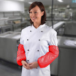 Load image into Gallery viewer, 18 Inch Arm Sleeve Protectors Pack of 100 Red Elastic Ends 1 mil Thick Waterproof Polyethylene Sleeves