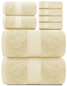 Luxury Beige Bath Towel Set 8 Pcs Combed Cotton Hotel Quality Absorbent Beige