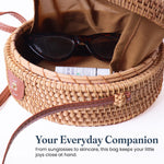 Load image into Gallery viewer, Handmade Rattan Round Purse with Leather Strap Woven Crossbody bags for Women Brown Tan Wicker Boho Straw Bags for Women Trendy Vacation Purse for Travel &amp; Casual Outfits Gift for Her Sustainable Stylish Natural Rattan