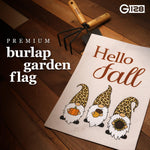 Load image into Gallery viewer, G128 Garden Flag Hello Fall Three Gnomes with Pumpkin Acorn Sunflower 12x18 Burlap Fabric