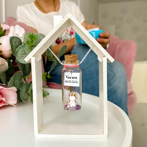 Tiny Magical Message in a Bottle Gift Idea Classy Inspirational Gifts for Him and Her Unique Presents for Women and Men (Rainbow Unicorn You Are Magical in Wooden Frame)