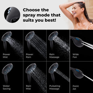 Black High Pressure Shower Head with Handheld 8 Spray Settings Removable Head