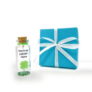 Tiny Magical Message in a Bottle Gift Idea Classy Inspirational Gifts for Him and Her Unique Presents for Women and Men (Green Clover You're My Lucky Charm in Teal Gift Box)