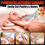Load image into Gallery viewer, 4 in 1 Multifunction Heavy Duty Kitchen Shears Sharp Seafood Fish Turkey Chicken Shears with Non Slip Metal Handle &amp; Micro Serrated Blades for Meat Spring Loaded Bone Scissors Gold