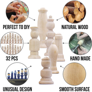 Unpainted Wood Chess Pieces Set of 32 pcs Chess Sets for DIY Craft Unfinished
