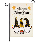 Load image into Gallery viewer, G128 Garden Flag Happy New Year Three Celebrating Gnomes 12x18 Burlap Fabric