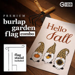 Load image into Gallery viewer, G128 Combo Pack: Garden Flag Stand Black 36 in x 16 in &amp; Garden Flag Hello Fall Decoration Three Gnomes with Pumpkin Acorn Sunflower 12x18 DoubleSided Burlap Fabric