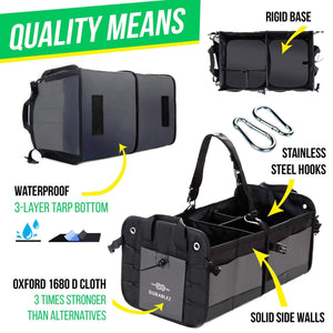 Trunk Organizer with Covering Net Attachable Non Slip Pads and Stainless Hooks Two Shades of Gray