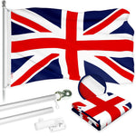 Load image into Gallery viewer, G128 Combo Pack: 6 Ft Tangle Free Aluminum Spinning Flagpole (Silver) &amp; United Kingdom UK Flag 3x5 Ft, ToughWeave Series Embroidered 300D Polyester  Pole with Flag Included