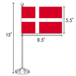 Load image into Gallery viewer, G128 Denmark Danish Deluxe Desk Flag Set  8.5x5.5 In  Printed 300D Polyester, with Silver Dome and Base, 15 Metal Pole, Decorations For Office, Home and Festival Events Celebration