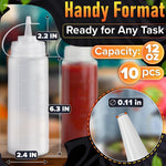 Load image into Gallery viewer, 10 Pack Plastic Condiment Squeeze Bottles 12 oz Refillable Squirt Bottles with Narrow Tip Leak Resistant Great for Oil Sauces Ketchup Mayonnaise Syrup Dressing BBQ Grilling &amp; Catering Use