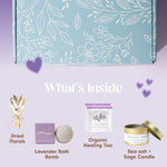 Load image into Gallery viewer, Mini Lavender Spa Gift Set Relaxation Gift Basket for Women Self Care Package with Lavender Candle Bath Bomb Soap Greeting Card &amp; More