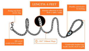 Reflective Dog Leash. Heavy Duty and Durable for Large and Medium Breeds. 6 Ft Long Rope Tangle Free Braided Leash with Comfortable Handle (Black)