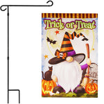 Load image into Gallery viewer, G128 Combo Pack: Garden Flag Stand Black 36 in x 16 in &amp; Garden Flag Halloween Decoration Trick or Treat Witch Hat Gnome with Broom 12x18 DoubleSided Blockout Fabric