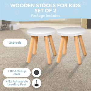 Wooden Step Stool for Kids and Toddlers Set of 2 White Extendable Legs Kids Chair Sensory Table Stool Children's Round Sitting Stool with Leveling Feet and Anti Slip Pads