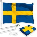 Load image into Gallery viewer, G128 Combo Pack: 6 Feet Tangle Free Spinning Flagpole (Silver) Sweden Swedish Flag 3x5 ft Printed 150D Brass Grommets (Flag Included) Aluminum Flag Pole