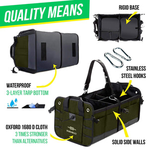 Trunk Organizer with Covering Net Attachable Non Slip Pads and Stainless Hooks Military Green