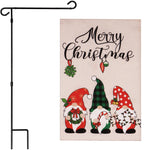 Load image into Gallery viewer, G128 Combo Pack: Garden Flag Stand Black 36 in x 16 in &amp; Garden Flag Merry Christmas Decoration Three Festive Gnomes 12x18 DoubleSided Burlap Fabric