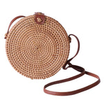 Load image into Gallery viewer, Handmade Rattan Round Purse with Leather Strap Woven Crossbody bags for Women Brown Tan Wicker Boho Straw Bags for Women Trendy Vacation Purse for Travel &amp; Casual Outfits Gift for Her Sustainable Stylish Natural Rattan