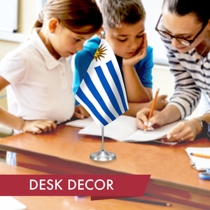 Uruguay Deluxe Desk Flag Set 8.5x5.5 In Printed 300D Polyester with Silver Dome