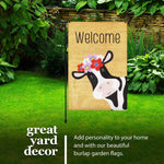 Load image into Gallery viewer, G128 Combo Pack: Garden Flag Stand Black 36 in x 16 in &amp; Garden Flag Spring Decoration Welcome Cow with Flowers 12x18 DoubleSided Burlap Fabric