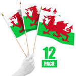 Load image into Gallery viewer, G128 12 Pack Handheld Wales Welsh Stick Flags  12x18 In  Printed 150D Polyester, Country Flag, Solid Wooden Stick, Spear Gold Tip