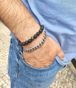 Load image into Gallery viewer, Black Lava Rock Beads Natural Stone Bracelets with Pyrite  Set of 2  Healing Crystal Energy Activation Power Chakra Reiki Elastic Stretch Bracelet for Protection Man Women Diffuser Elastic Yoga 8mm