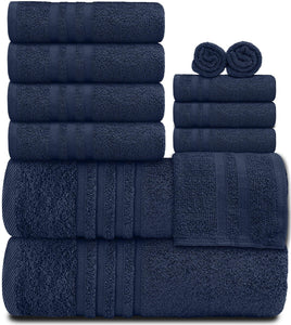 12 Pcs Bath Towel Set for Bathroom Wealuxe Collection 100% Cotton Soft Navy Blue