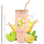 Load image into Gallery viewer, 46 Oz Glass Tumbler with Straw and Lid   Peach Glass Water Bottle with Natural Bamboo Lid 2 Slim and Boba Straws Silicone Sleeve Dishwasher Safe Car Holder Friendly Ergonomic Grip Easy Visibility
