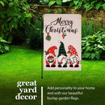 Load image into Gallery viewer, G128 Combo Pack: Garden Flag Stand Black 36 in x 16 in &amp; Garden Flag Merry Christmas Decoration Three Festive Gnomes 12x18 DoubleSided Burlap Fabric