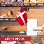 Load image into Gallery viewer, G128 Denmark Danish Deluxe Desk Flag Set  8.5x5.5 In  Printed 300D Polyester, with Silver Dome and Base, 15 Metal Pole, Decorations For Office, Home and Festival Events Celebration