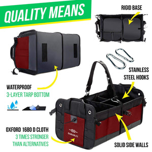 Trunk Organizer with Covering Net Attachable Non Slip Pads and Stainless Hooks Red Black