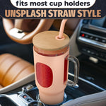 Load image into Gallery viewer, 46 Oz Glass Tumbler with Straw and Lid   Peach Glass Water Bottle with Natural Bamboo Lid 2 Slim and Boba Straws Silicone Sleeve Dishwasher Safe Car Holder Friendly Ergonomic Grip Easy Visibility
