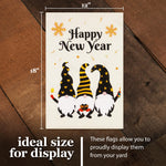 Load image into Gallery viewer, G128 Garden Flag Happy New Year Three Celebrating Gnomes 12x18 Burlap Fabric