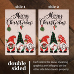 Load image into Gallery viewer, G128 Combo Pack: Garden Flag Stand Black 36 in x 16 in &amp; Garden Flag Merry Christmas Decoration Three Festive Gnomes 12x18 DoubleSided Burlap Fabric