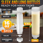 Load image into Gallery viewer, Set of 3 Condiment Squeeze Bottles for Sauces 16 oz Easy to Fill Clear Bottles with Self Closing Valve Ready to Dispense for Dressings Ketchup Mustard &amp; More Durable Reusable Mess Free Design