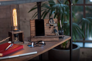 Wood Phone Docking Station Ash Key Hooks Wallet Stand Watch Organizer for Men