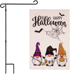 Load image into Gallery viewer, G128 Combo Pack: Garden Flag Stand Black 36 in x 16 in &amp; Garden Flag Happy Halloween Decoration Three Gnomes Spider Web 12x18 DoubleSided Burlap Fabric