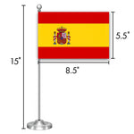 Load image into Gallery viewer, G128 Spain Spanish Deluxe Desk Flag Set  8.5x5.5 In  Printed 300D Polyester, with Silver Dome and Base, 15 Metal Pole, Decorations For Office, Home and Festival Events Celebration