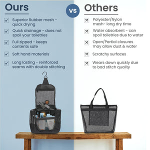 The Fine Living Co. Portable Hanging Shower Caddy Organizer Bag (Free Toiletries Case Metal Hook) Quick Dry Mesh Shower Caddy Tote Bag Pouch For Bathroom College Dorm Camp Gym Camping 10”x4”x8”(Black)