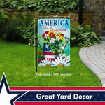 Load image into Gallery viewer, G128  America the Beautiful USA Spring Flowers &amp; Watering Can Patriotic Garden Flag  12x18 Inch  Printed 150D Polyester  Rustic Holiday Seasonal Outdoor Flag