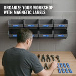 Load image into Gallery viewer, 90 Pcs Magnetic Tool Box Labels 3.5x1 inch Blue Magnetic Toolbox Labels for Tool Box Drawers Strong Magnet Toolbox Organizer Chest Pre Printed &amp; Blanked Emblems for Organization Toolbox Emblems